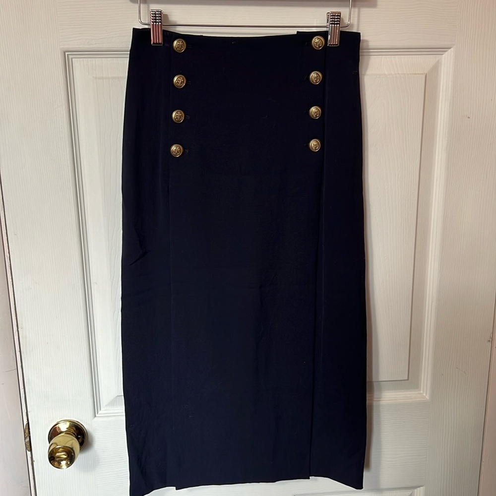 Polo Ralph Lauren navy blue w gold buttons midi pencil skirt size 0​